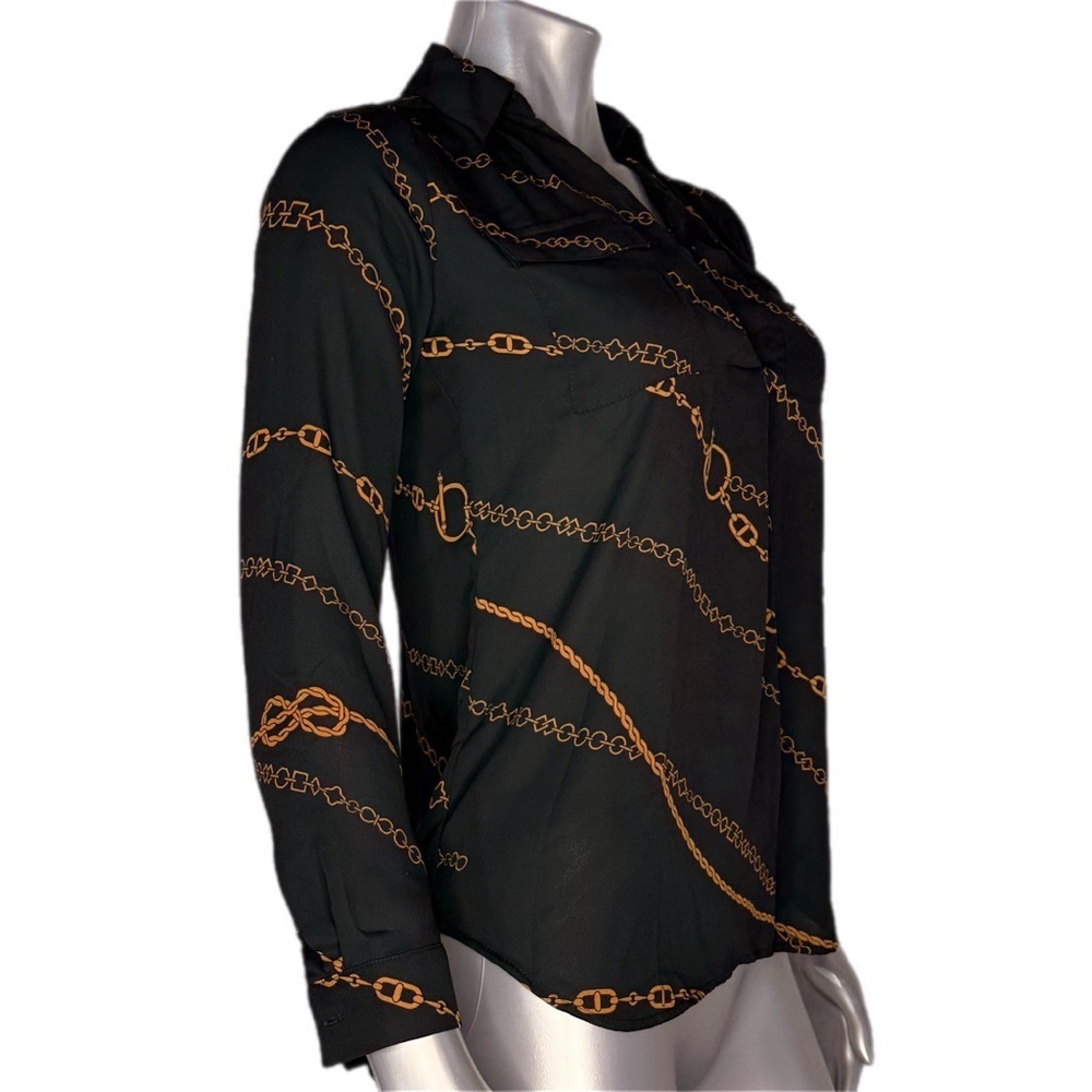 Ann Taylor | Black and Gold Chain Print Quarter Button Blouse - Picture 3 of 11